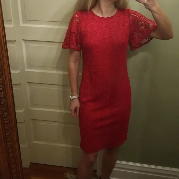 Dkny | Dresses | Dkny Knee Length Short Sleeved Size 6 Red Lace Dress |  Poshmark